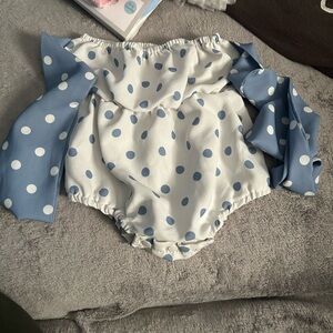Polka Dot Off-Shoulder Baby Romper - Blue and White